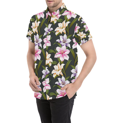 Lily Pattern Print Design LY01 Men's Short Sleeve Button Up Shirt
