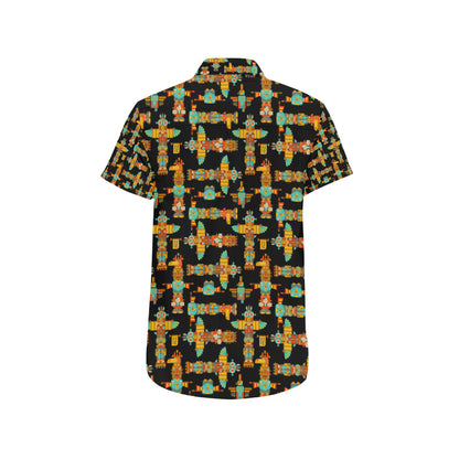 Totem Pole Cartoon Print Men's Short Sleeve Button Up Shirt