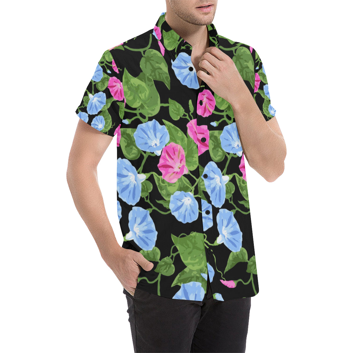 Morning Glory Pattern Print Design MG04 Men's Short Sleeve Button Up Shirt