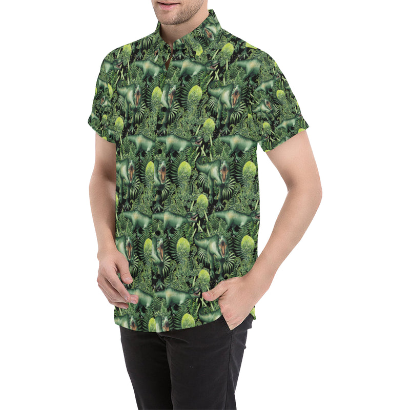 Dinosaur T Rex Print Pattern Men's Short Sleeve Button Up Shirt