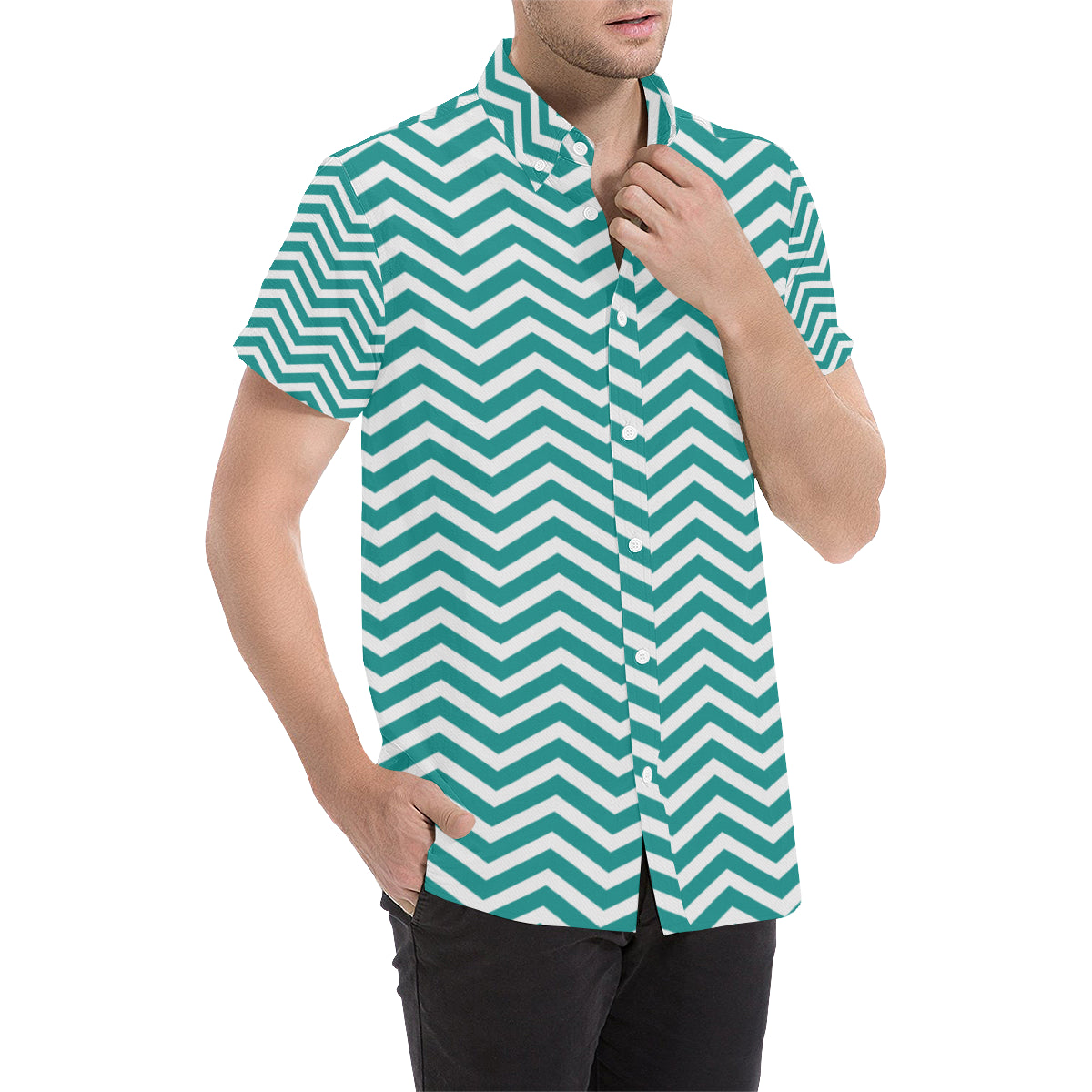 Chevron Teal Pattern Print Design 02 Men's Short Sleeve Button Up Shirt
