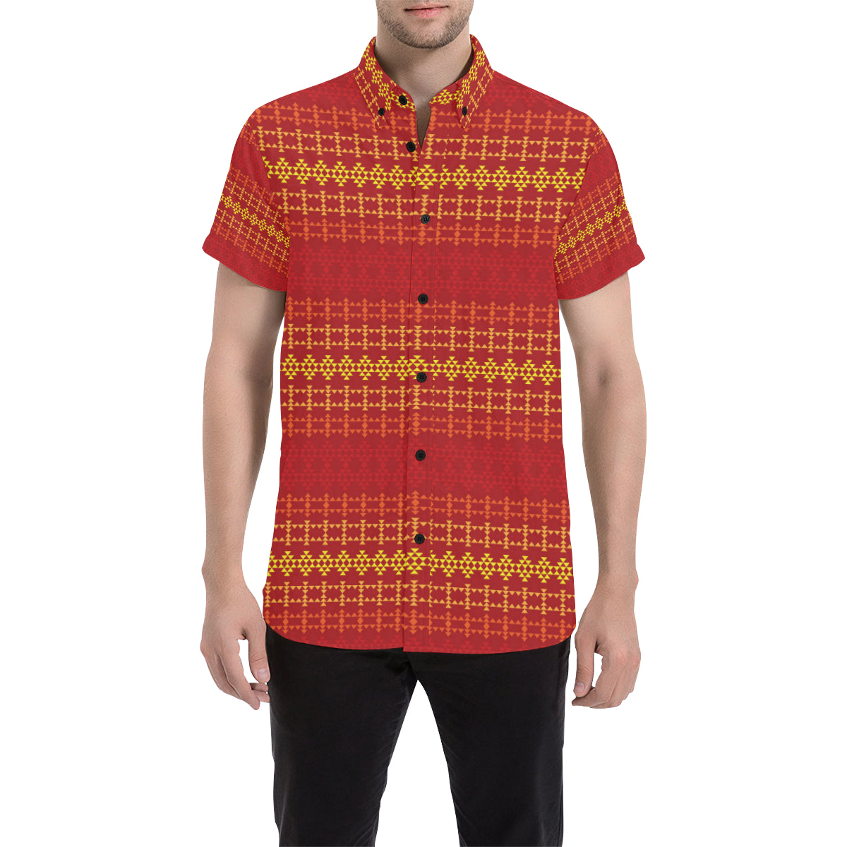 Southwest Red Gold Design Themed Print Men's Short Sleeve Button Up Shirt