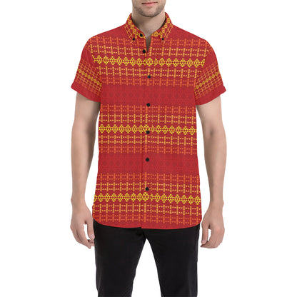 Southwest Red Gold Design Themed Print Men's Short Sleeve Button Up Shirt