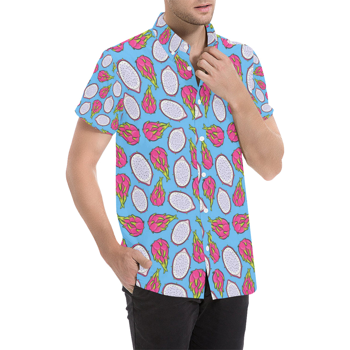 Dragonfruit Pattern Print Design DF04 Men's Short Sleeve Button Up Shirt