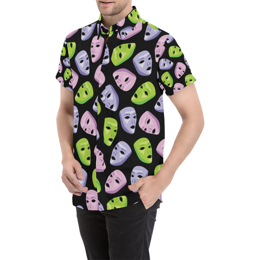 Acting Mask Pattern Print Design 04 Men's Short Sleeve Button Up Shirt