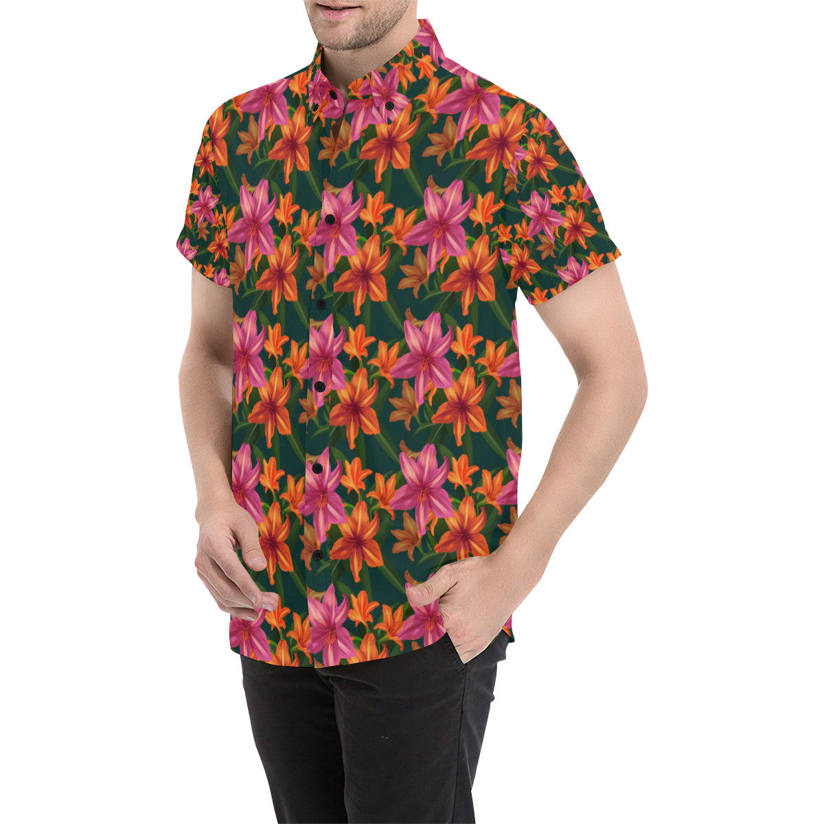 Amaryllis Pattern Print Design AL01 Men's Short Sleeve Button Up Shirt