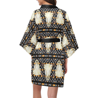 Buffalo Head Pattern Print Design 03 Women's Short Kimono