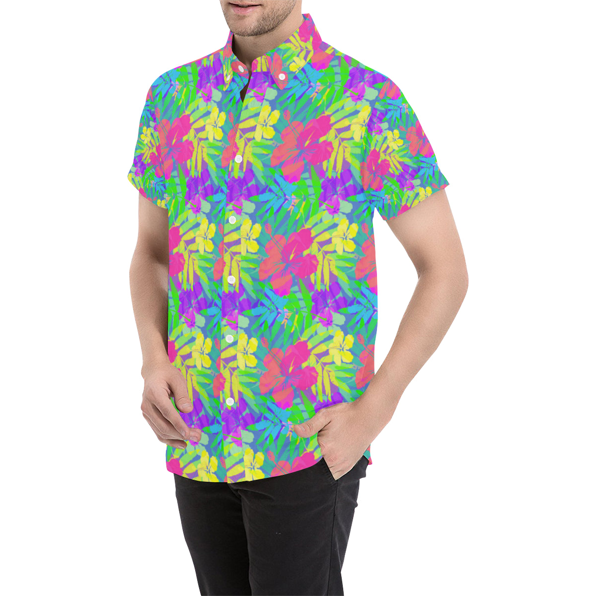 Neon Tropical Pattern Print Design A03 Men's Short Sleeve Button Up Shirt