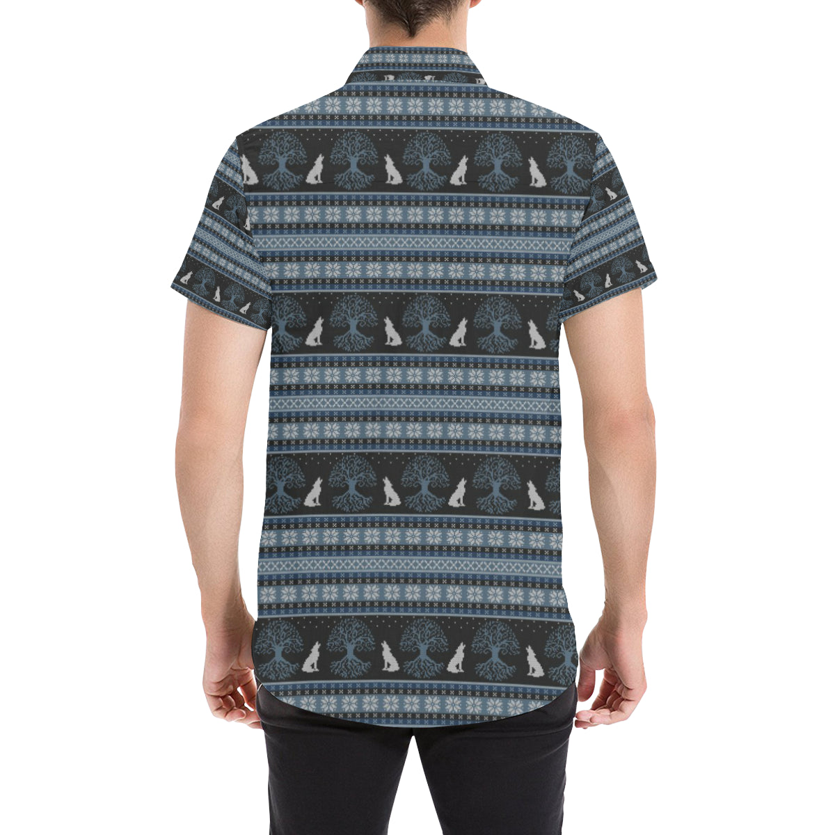 Wolf Tree of Life Knit Design Print Men's Short Sleeve Button Up Shirt