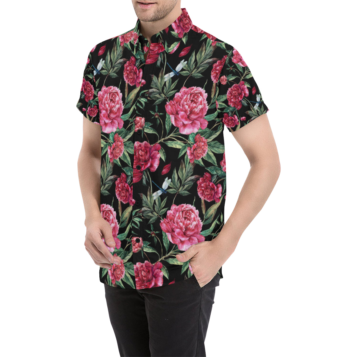 Peony Pattern Print Design PE04 Men's Short Sleeve Button Up Shirt