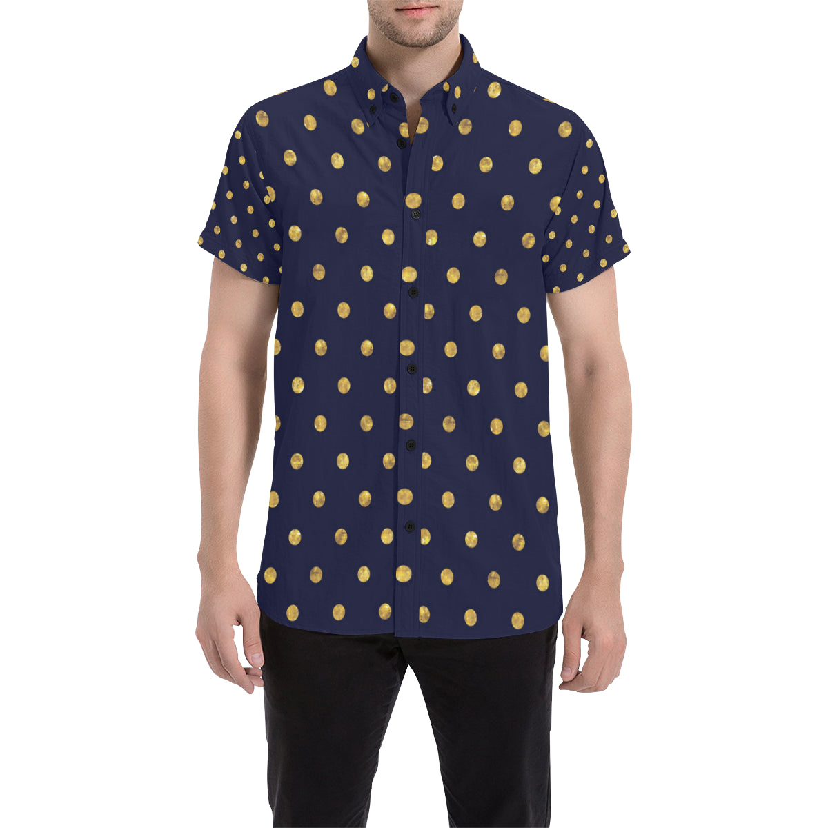 Polka Dot Gold Blue Pattern Print Design 02 Men's Short Sleeve Button Up Shirt