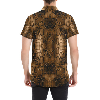 Snake Skin Brown Print Men's Short Sleeve Button Up Shirt
