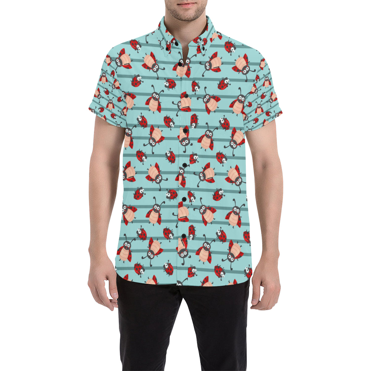 Ladybug Happy Print Pattern Men's Short Sleeve Button Up Shirt