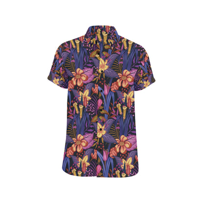 Lily Pattern Print Design LY016 Men's Short Sleeve Button Up Shirt