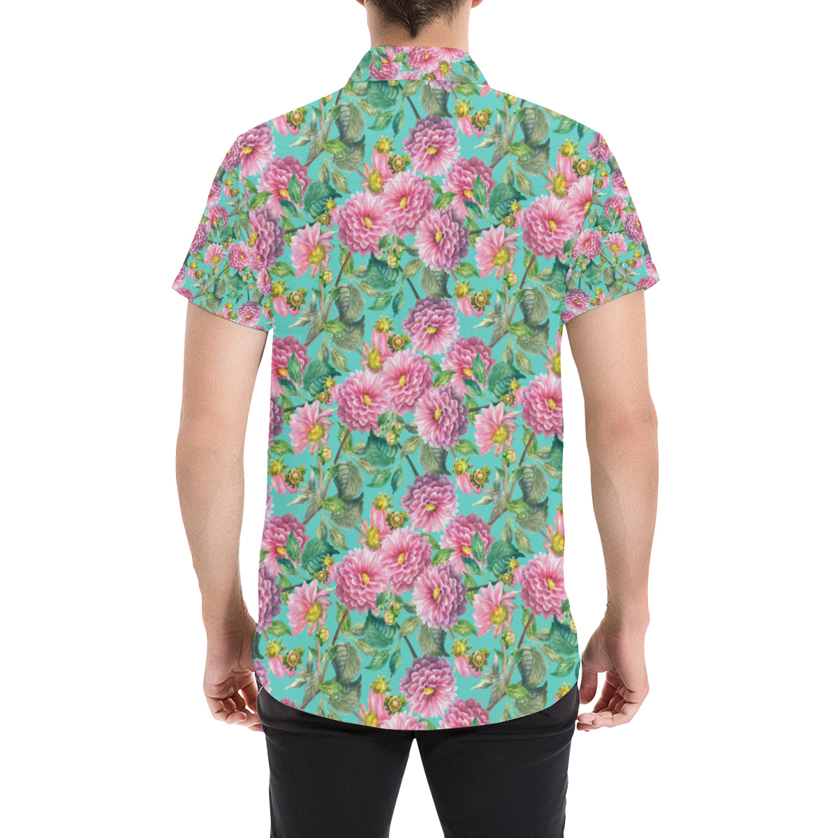 Dahlia Pattern Print Design DH07 Men's Short Sleeve Button Up Shirt