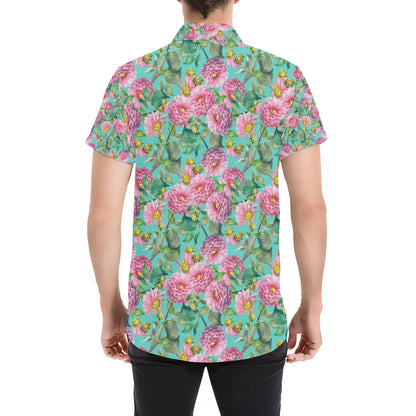 Dahlia Pattern Print Design DH07 Men's Short Sleeve Button Up Shirt