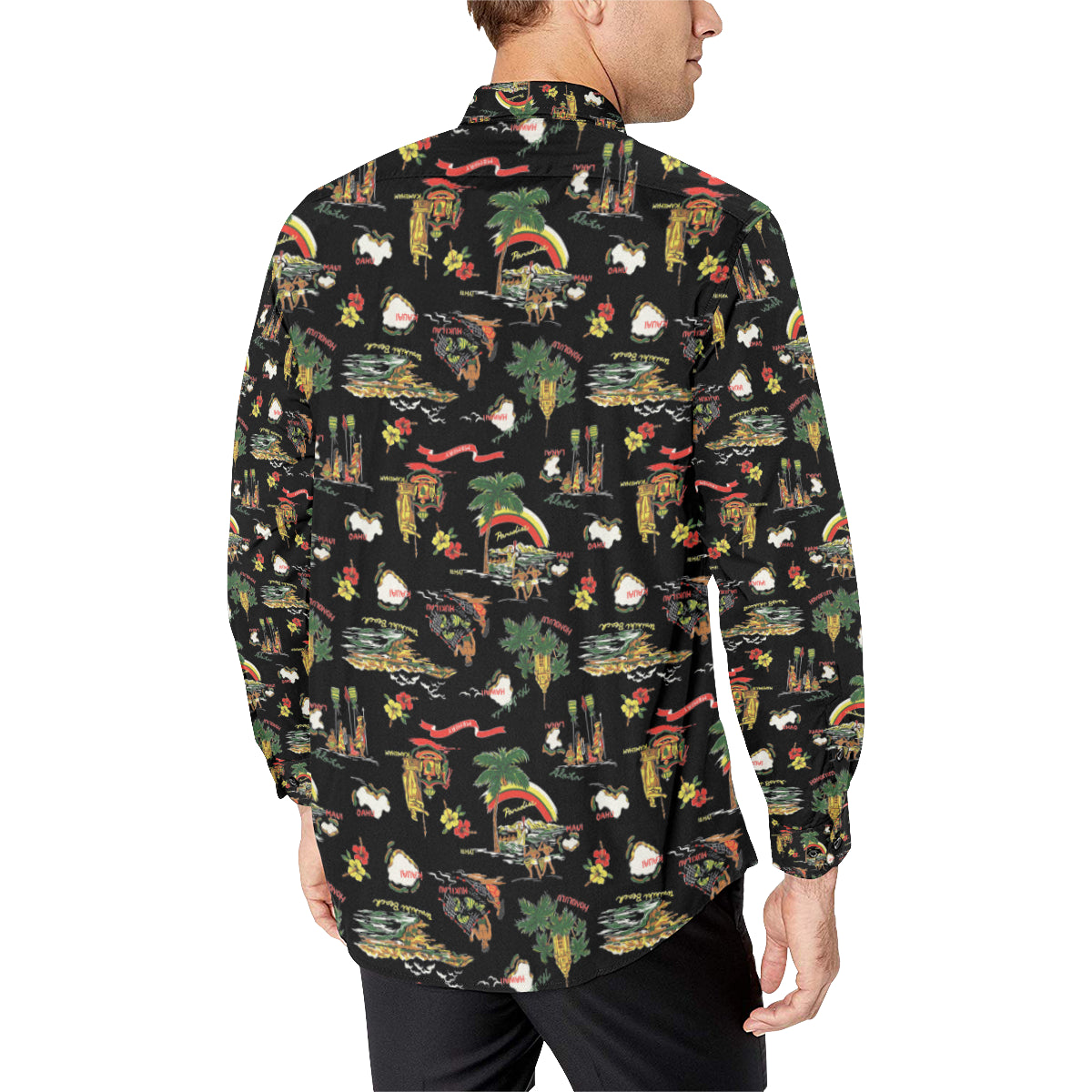 Hawaiian Island Themed Print Men's Long Sleeve Shirt