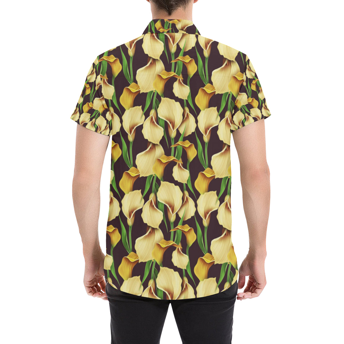 Lily Pattern Print Design LY013 Men's Short Sleeve Button Up Shirt