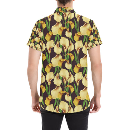 Lily Pattern Print Design LY013 Men's Short Sleeve Button Up Shirt