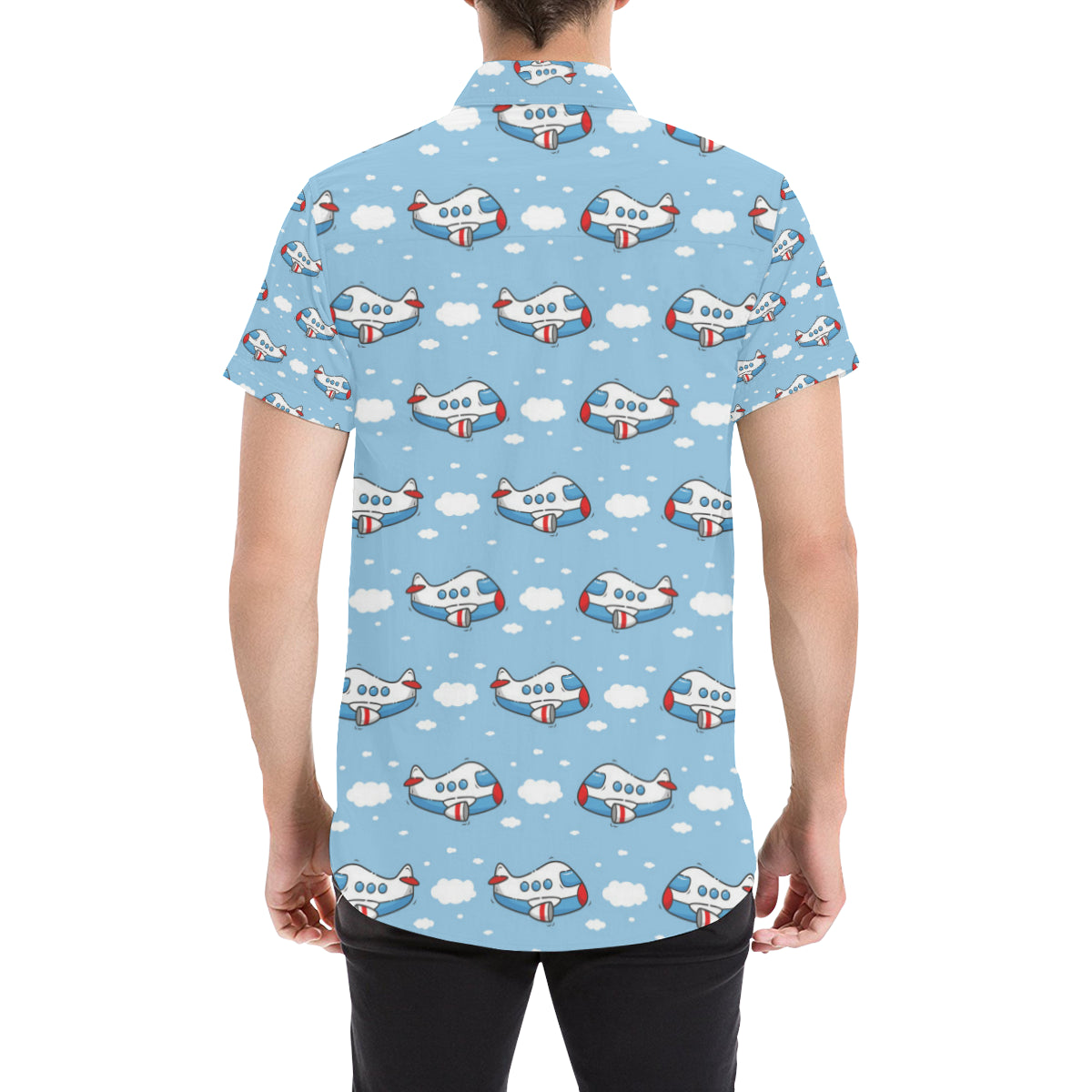 Airplane Cartoon Pattern Print Design 07 Men's Short Sleeve Button Up Shirt
