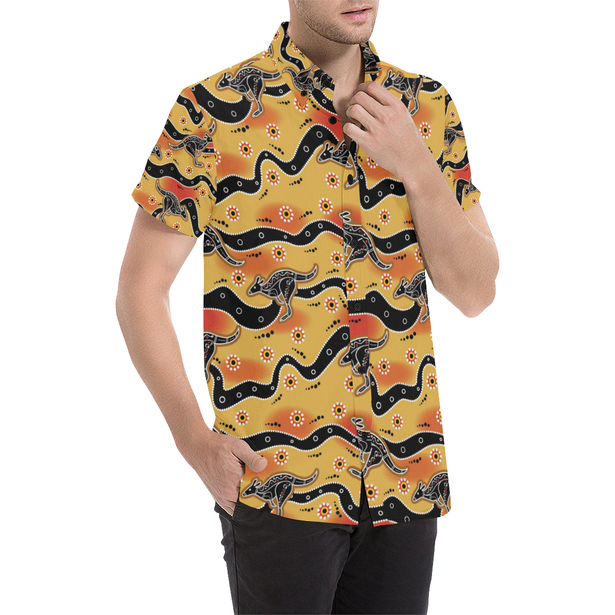 Kangaroos Aboriginal  Pattern Print Design 06 Men's Short Sleeve Button Up Shirt