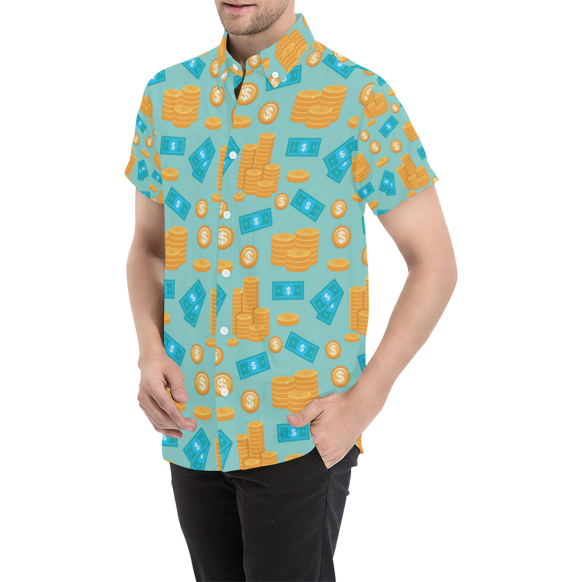 Money Pattern Print Design 03 Men's Short Sleeve Button Up Shirt