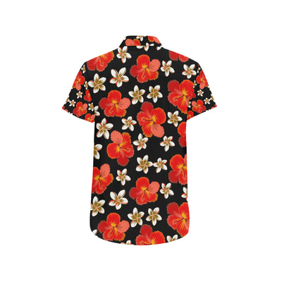 Red Hibiscus Pattern Print Design HB022 Men's Short Sleeve Button Up Shirt