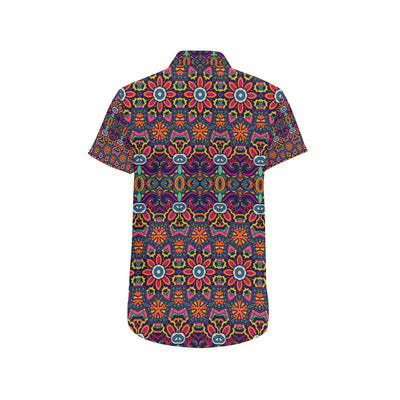 Ethnic Flower Style Print Pattern Men's Short Sleeve Button Up Shirt