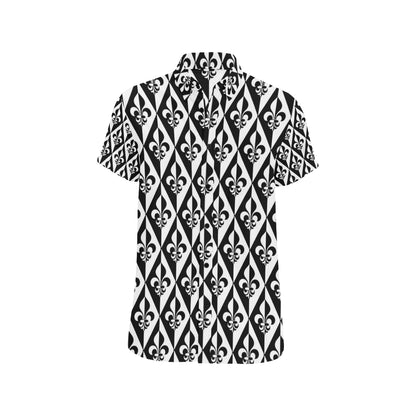 Fleur De Lis Black White Pattern Print Design 02 Men's Short Sleeve Button Up Shirt