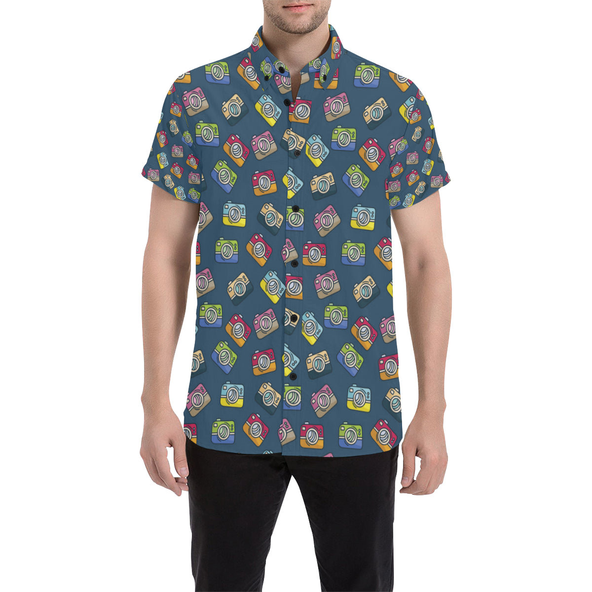 Camera Pattern Print Design 03 Men's Short Sleeve Button Up Shirt