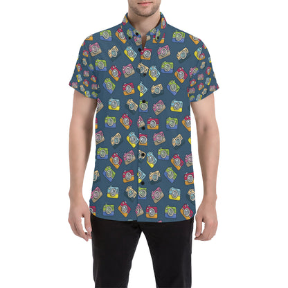 Camera Pattern Print Design 03 Men's Short Sleeve Button Up Shirt