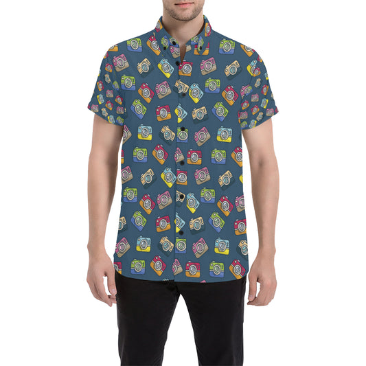 Camera Pattern Print Design 03 Men's Short Sleeve Button Up Shirt