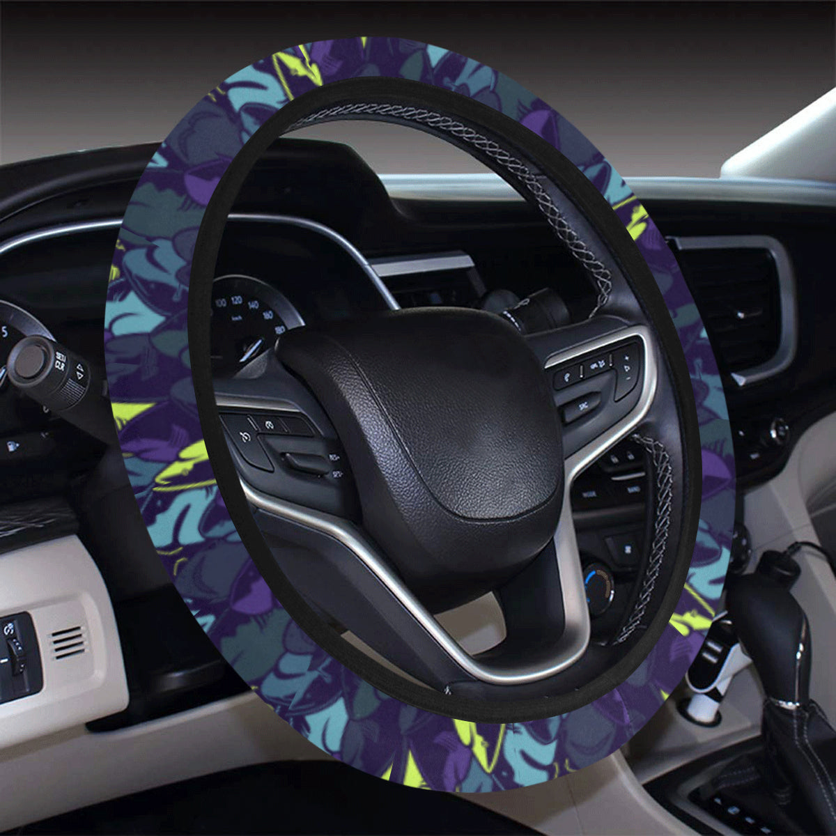 Shark Neon color Print Steering Wheel Cover with Elastic Edge