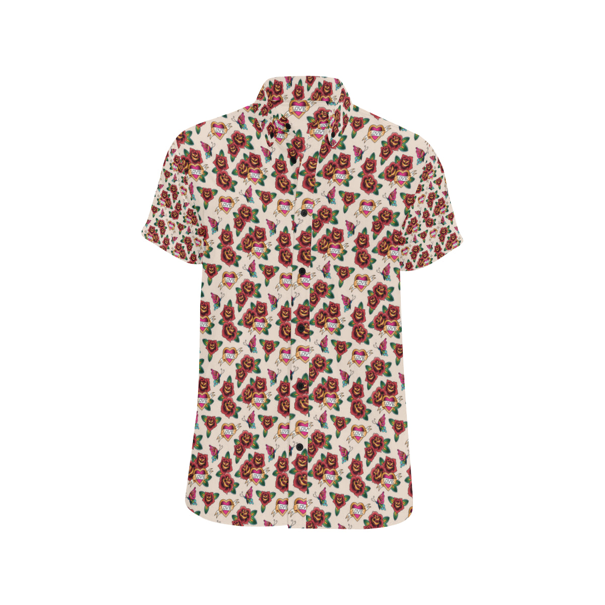 Old School Tattoo Rose Pattern Men's Short Sleeve Button Up Shirt