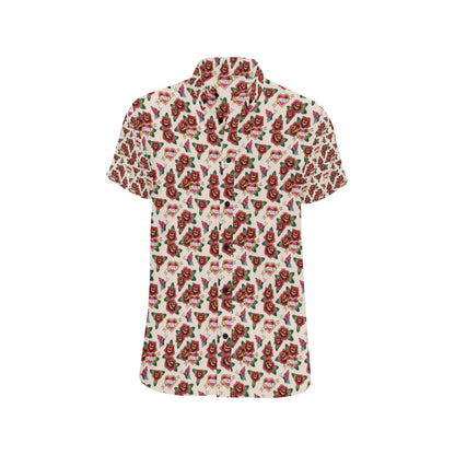 Old School Tattoo Rose Pattern Men's Short Sleeve Button Up Shirt