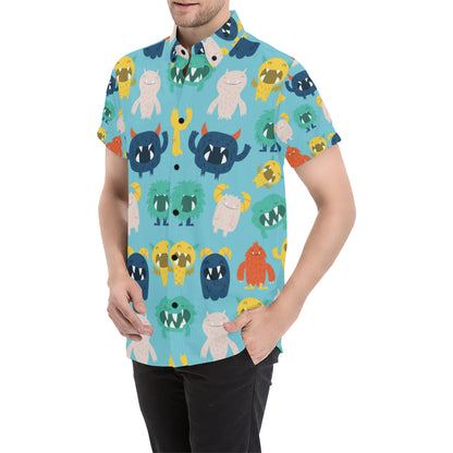 Monster Cartoon Pattern Print Design 03 Men's Short Sleeve Button Up Shirt