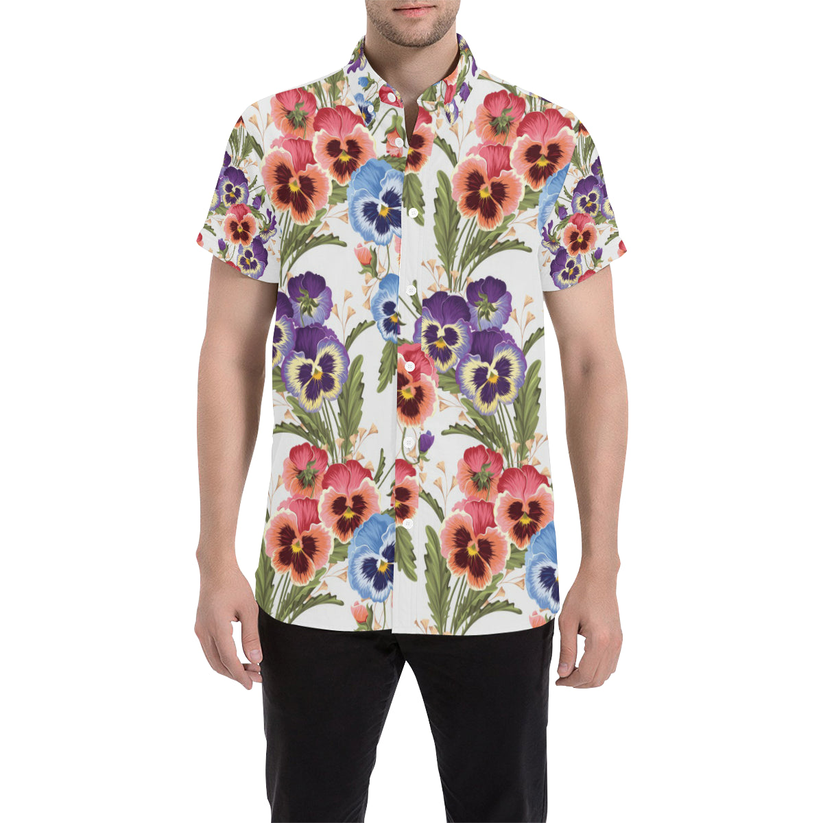 Pansy Pattern Print Design PS06 Men's Short Sleeve Button Up Shirt
