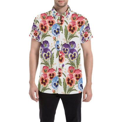 Pansy Pattern Print Design PS06 Men's Short Sleeve Button Up Shirt