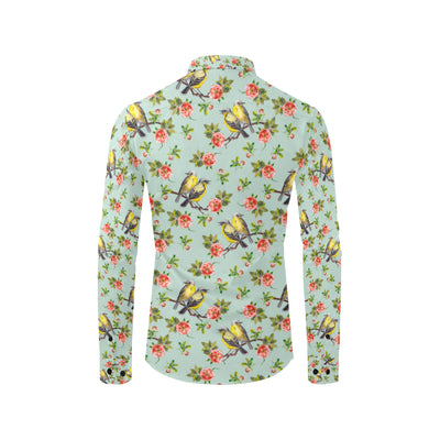 Bird with Red Flower Print Pattern Men's Long Sleeve Shirt