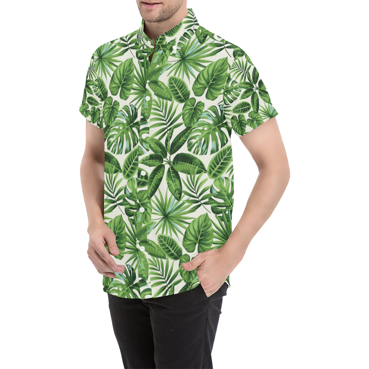 Tropical Flower Pattern Print Design TF013 Men's Short Sleeve Button Up Shirt