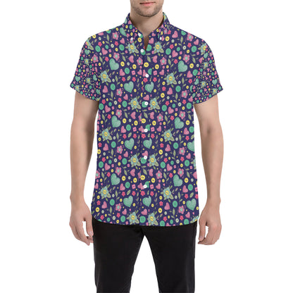 Crochet Pattern Print Design 02 Men's Short Sleeve Button Up Shirt