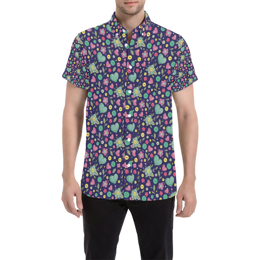 Crochet Pattern Print Design 02 Men's Short Sleeve Button Up Shirt