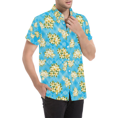 Yellow Plumeria Design Print Pattern Men's Short Sleeve Button Up Shirt
