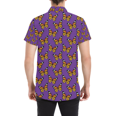 Monarch Butterfly Purple Print Pattern Men's Short Sleeve Button Up Shirt