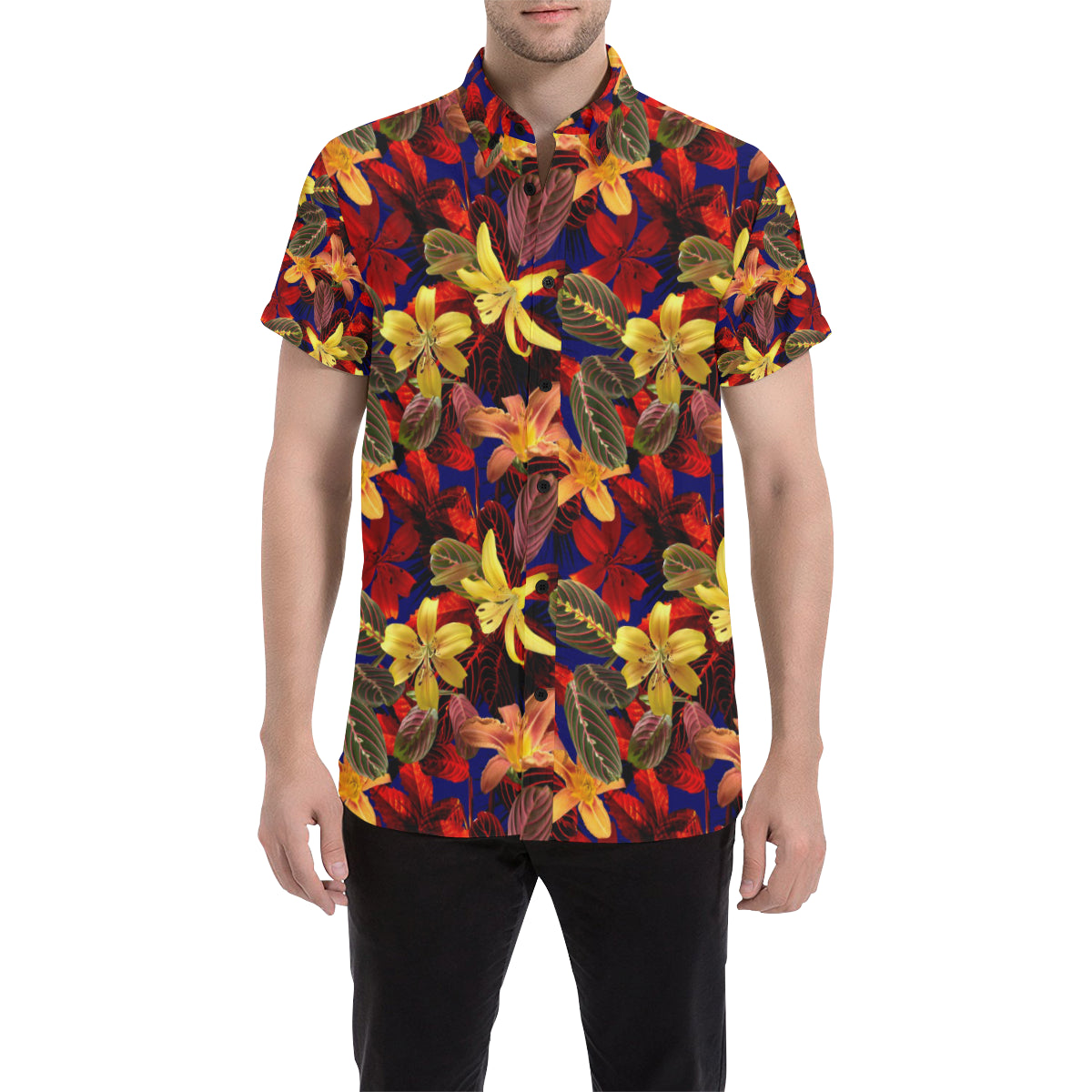 Lily Pattern Print Design LY014 Men's Short Sleeve Button Up Shirt