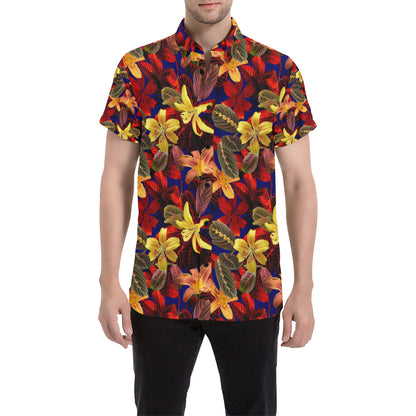 Lily Pattern Print Design LY014 Men's Short Sleeve Button Up Shirt