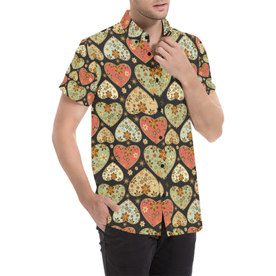 Heart Boho Pattern Print Design HE04 Men's Short Sleeve Button Up Shirt