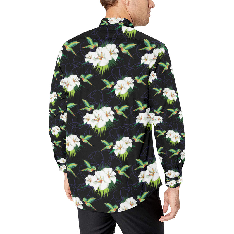 Hummingbird with Flower Pattern Print Design 03 Men's Long Sleeve Shirt