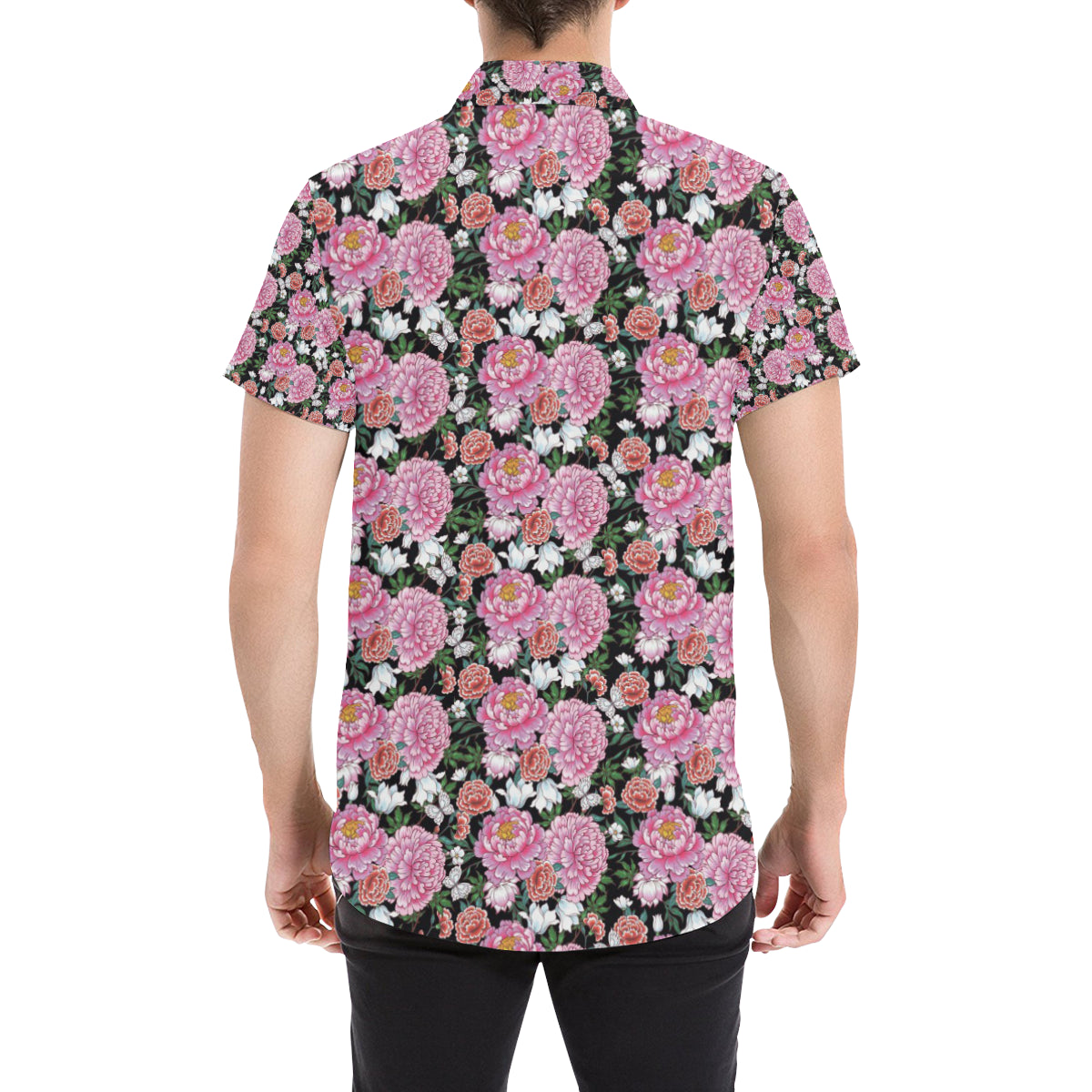 Dahlia Pattern Print Design 02 Men's Short Sleeve Button Up Shirt