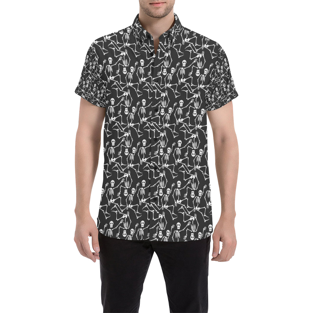 Skeleton Themed Print Men's Short Sleeve Button Up Shirt